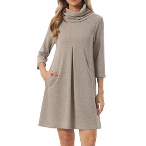 Women's Knit Dress 3/4 Sleeve Loose Turtleneck Fall Mini Sweater Dress Khaki